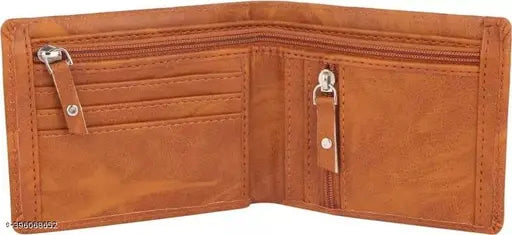 Gold PU leather bi-fold wallet for men by Zhermack Trendy, featuring 2 compartments, 4 card slots, chain pocket, flip ID, 2 secret slots, and 2 compartments. Solid design with fashionable look. (Free size: 11 cm x 9 cm)