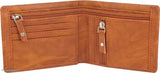 Gold PU leather bi-fold wallet for men by Zhermack Trendy, featuring 2 compartments, 4 card slots, chain pocket, flip ID, 2 secret slots, and 2 compartments. Solid design with fashionable look. (Free size: 11 cm x 9 cm)
