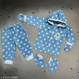 Boys & Girls Full Sleeves Polka Print Soft Sweater Hoodie Set- Dusty Blue