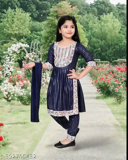 Trending Festive Blue Rayon Kurti Set for Kids with embroidered sleeves and matching churidar, traditional attire for kids' parties, weddings, functions, and festivals