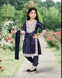 Trending Festive Blue Rayon Kurti Set for Kids with embroidered sleeves and matching churidar, traditional attire for kids' parties, weddings, functions, and festivals