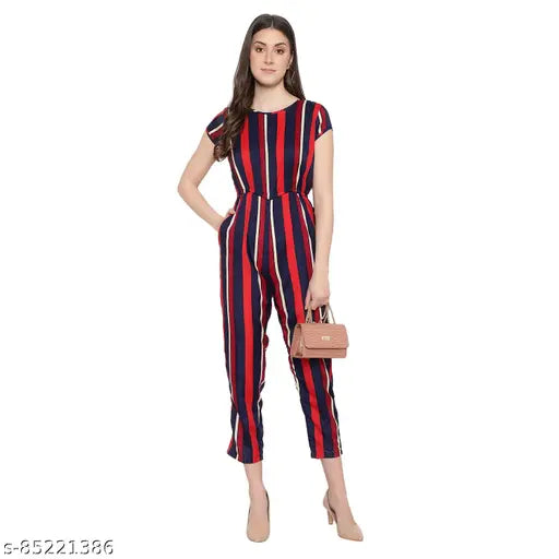 Red & Navy Maroon Striped Poly Crepe Jumpsuit - Women's narrow bottom with adjustable belt and elasticated waistband for comfort
