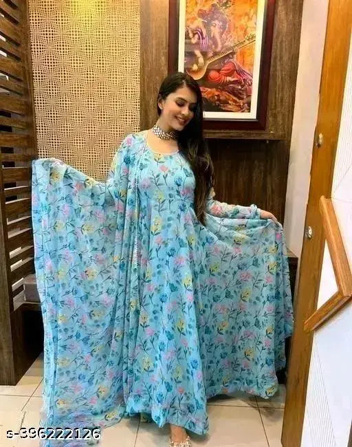 Stylish georgette gown with three-quarter sleeves, printed net pattern. XXS to XXXXL sizes available, Indian origin
