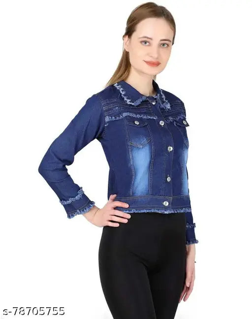 Dark denim women's 3-patti jacket, solid pattern, long sleeves. Exclusive Indian-made jacket for stylish wardrobes