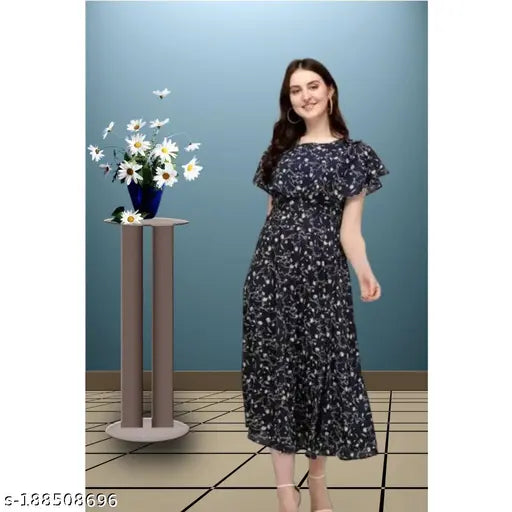 Navy blue crepe fabric sleeveless dress knee-length
