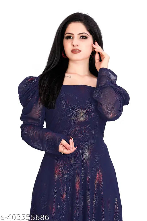 Western Blue Georgette Kurti, long sleeves, solid design, trendy daily wear for women. Made in India." (120 characters)