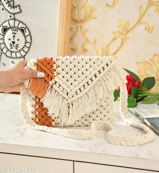 Soft and attractive handmade bags made from crochet fabric, with a fringe detail