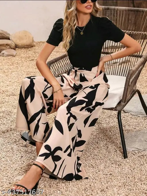 Stylish glamorous women's polyester jumpsuit with short sleeves, printed net pattern in new trendy Tishart and Plazzo set