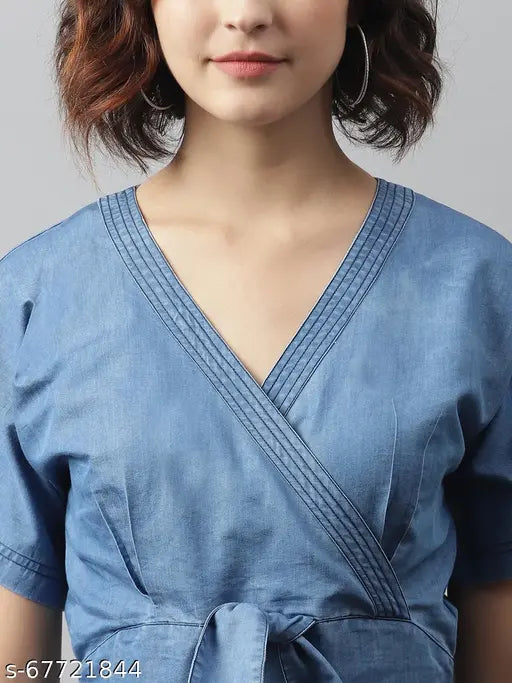 Blue denim solid v-neck jumpsuit for women, short sleeves, front knot detail