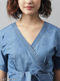 Blue denim solid v-neck jumpsuit for women, short sleeves, front knot detail