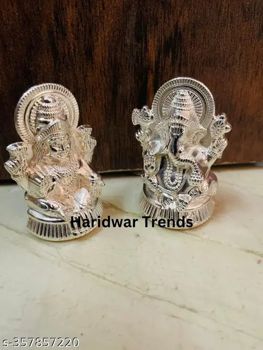 Silver Diwali Ganesha-Lakshmi Set (4x2.5x8cm), intricate Indian metal idols for puja and home decor
