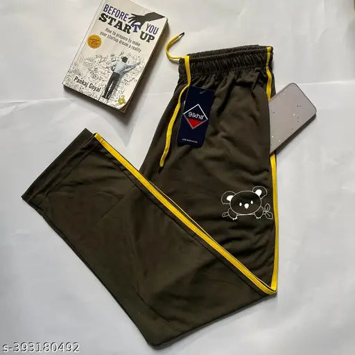 Black cotton women's leisure pants with yellow stripe detailing, possibly, a cartoon character embroidered, available in size S
