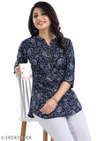 Blue crepe short digital printed kurti by GMK Fashions, three-quarter sleeves, daily/office wear, India origin
