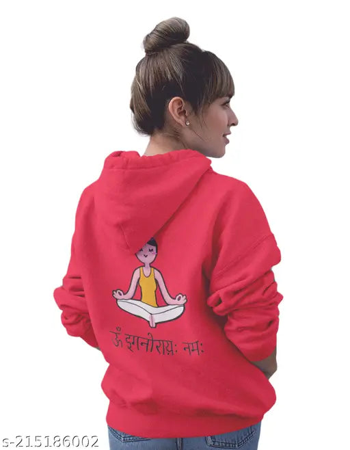 Red color cotton hoodie, unisex design with funny yoga print (both sides), regular fit, sustainable inks, made in India
