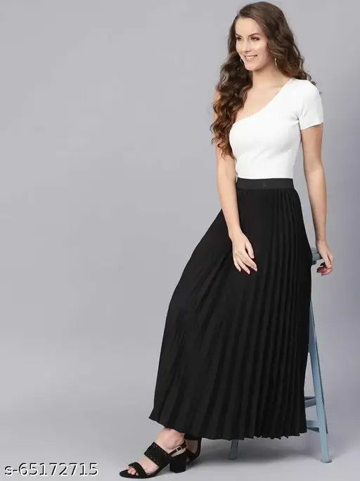 Women's black skirt with ruffle details, knee length, casual style