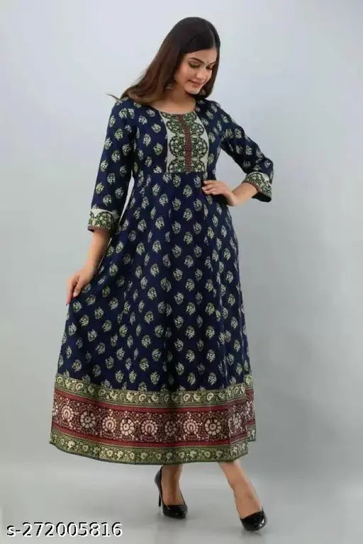 Blue rayon kurti, printed combo, three-quarter sleeves, Indian traditional fashion