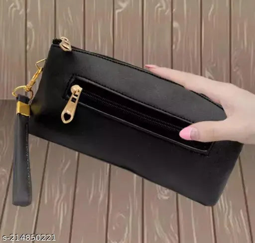 Black leather purse, zip closure, card slots