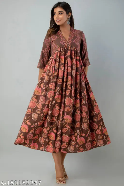 Brown rayon Anarkali Kurta with floral print, ideal for parties or casual occasions, Indian-made quality assured