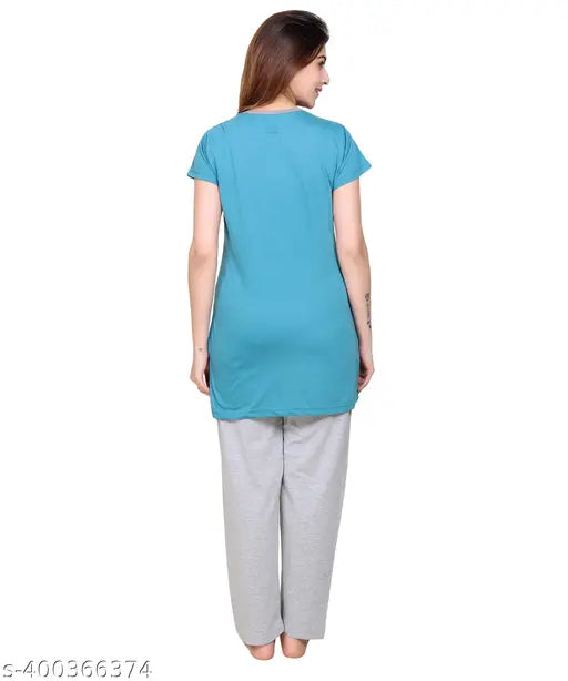 Printed polycotton half-sleeve round neck night suit set for women's, loose-fitting and comfortable