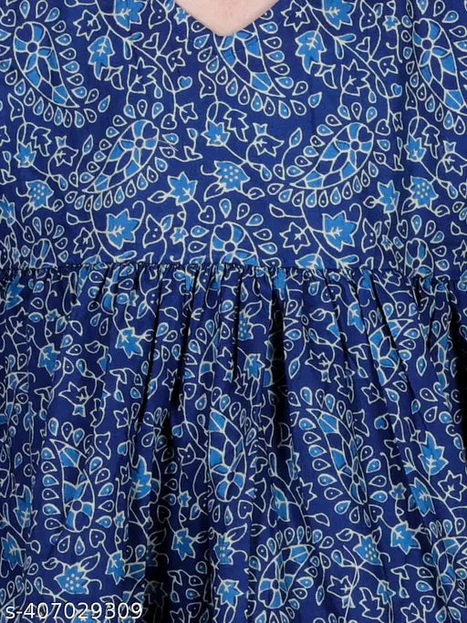 Navy Blue Cotton Floral Paisley Print Anarkali/Flared Kurta & Sharara Set - Girls ethnic wear with intricate embellishments, featuring flared silhouette and three-quarter sleeves. Perfect for special occasions or festive celebrations. Sizes: 2-3 Years (20 in), 3-4 Years (22 in), 4-5 Years (24 in), 5-6 Years (26 in), 6-7 Years (28 in), 7-8 Years (30 in), 9-10 Years (32 in), 11-12 Years (34 in), 13-14 Years (36 in). Made in India