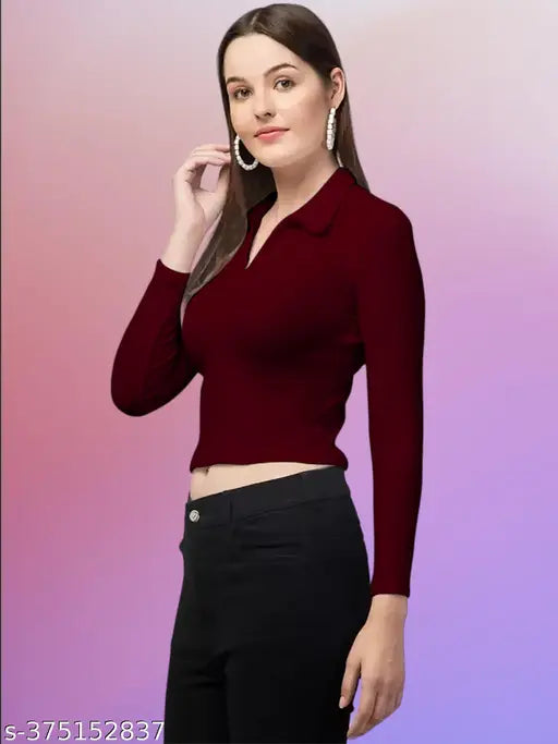 Maroon polyester solid fitted t-shirt for women, collared V-neck with long sleeves
