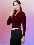 Maroon polyester solid fitted t-shirt for women, collared V-neck with long sleeves