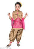 Pink printed designer Kurta patiala salwar suit with jacket and dupatta, kids party festive wear by RK Collection. A-line style with jacquard fabric, embroidery, and zari patterns." (125 characters)