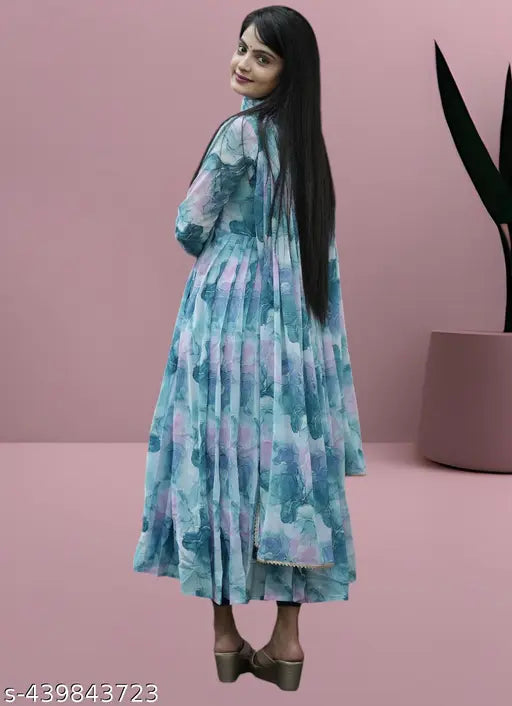 Stylish Georgette Party Gown, Printed with Dupatta Set, Foxy Hevey fabric, Long Sleeve, Elastik, Indian origin
