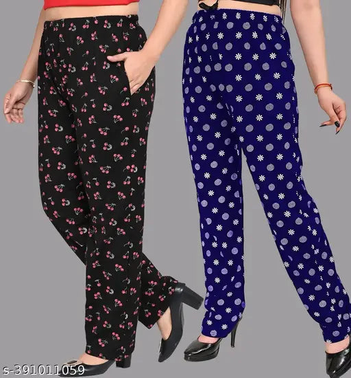 Black and pink floral print lower track pants, casual wear, girls night wear, combo pack of 2