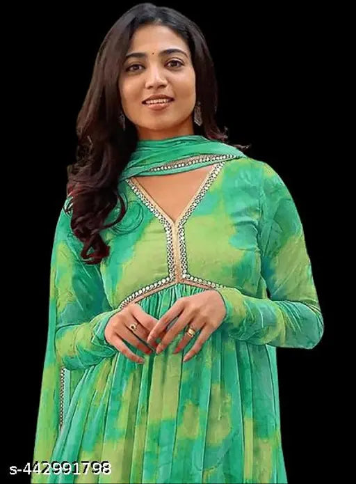 Georgette embroidered maxi dress with dupatta set, vibrant blue ethnic wear for women's parties or weddings
