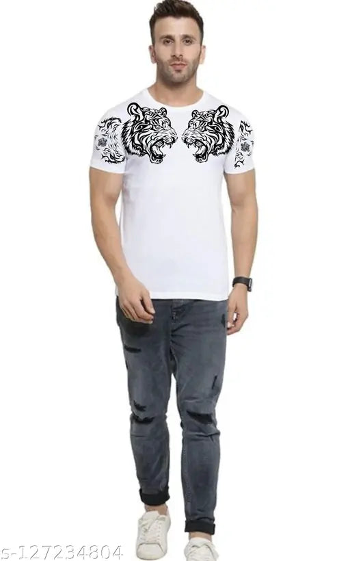White lion printed cotton round neck T-shirts, short sleeves, ultra-soft & stretchable fabric, 180 GSM. India-made T-shirt with 2 LION prints, easy breathability, perfect fit