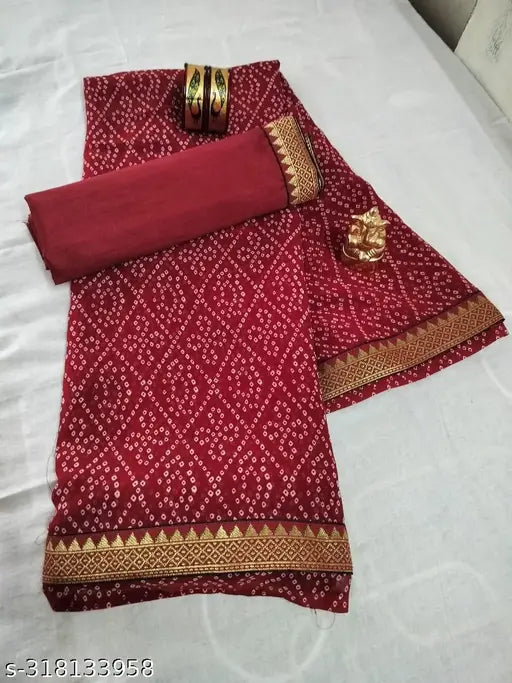Red Georgette saree with printed border, satin silk blouse, lace accent, buy now