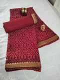 Red Georgette saree with printed border, satin silk blouse, lace accent, buy now