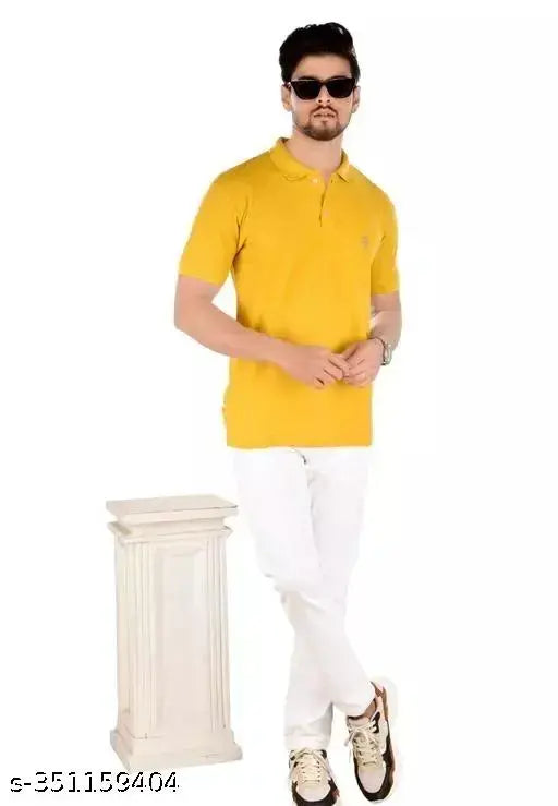 Yellow cotton blend men's polo t-shirts, short sleeves, solid pattern