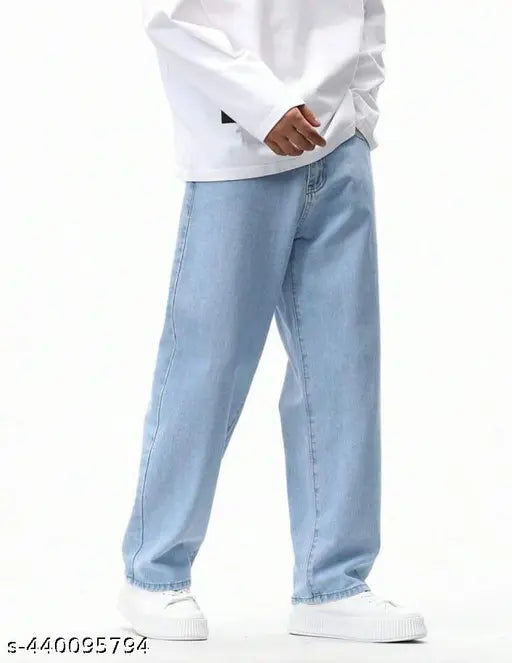 Wide leg blue denim jeans men's slim fit