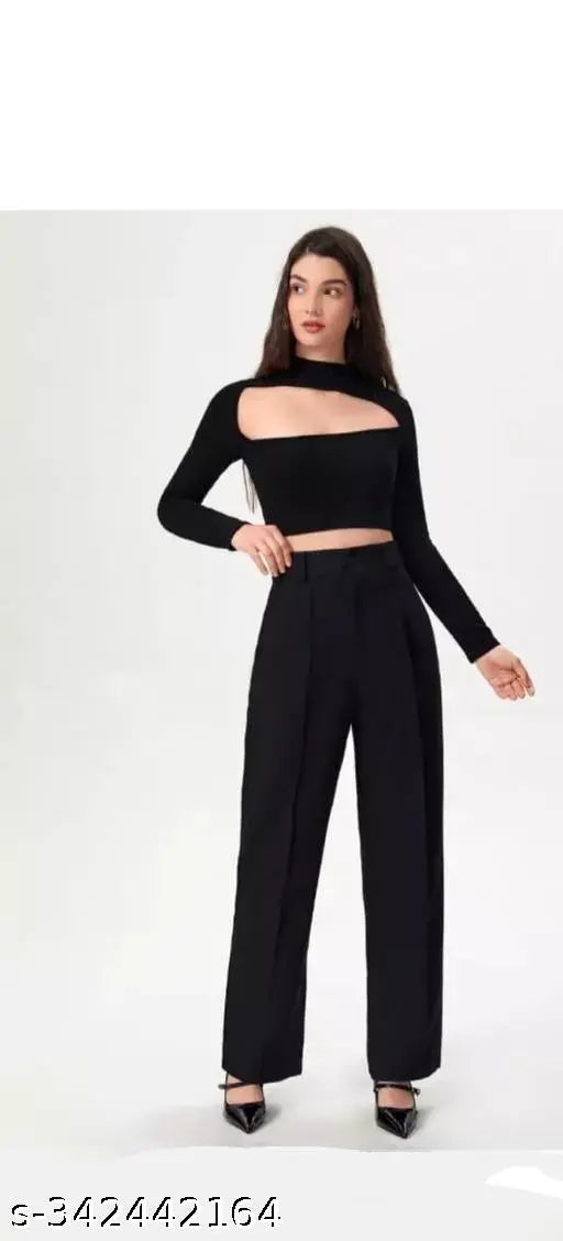 Cotton Lycra Anara Fashion trouser, solid net with 2 pockets for women's casual wear, high rise, India-imported
