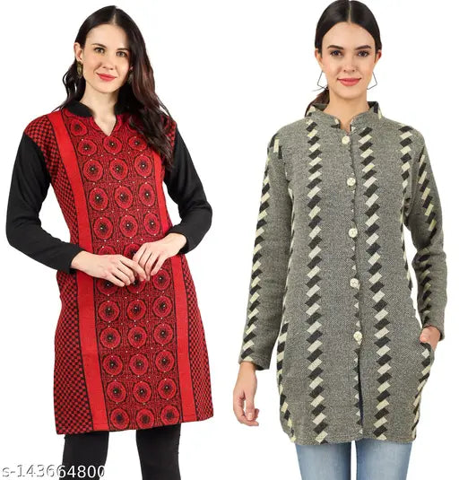 Woolen kurti and cardigan set with matching designs in dark grey and black, for women's casual winter fashion