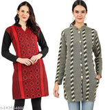 Woolen kurti and cardigan set with matching designs in dark grey and black, for women's casual winter fashion