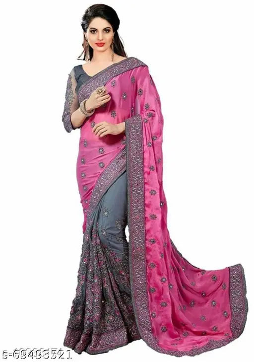 Vichitra silk saree with embroidered net blouse, free size, 6.3m length from India