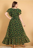 Green georgette Sonflower digital printed kurti with three-quarter sleeves, vibrant Indian fashion