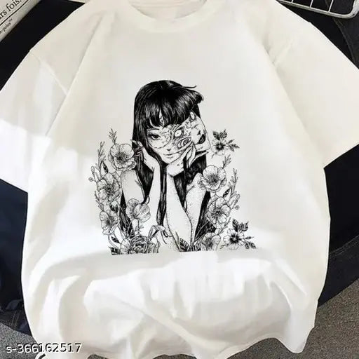 Black and white oversized t-shirt with floral print featuring a female character