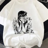 Black and white oversized t-shirt with floral print featuring a female character