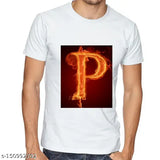 White men's polyester t-shirt with P alphabet design, comfortable fit, short sleeves