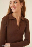 Stylish Lycra long-sleeve ribbed net collar top, XS (bust 32in, length 18in), from India