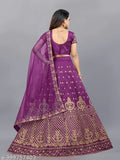 Purple Banglory semi-stitched silk blend Lehenga Choli & dupatta for girls, embroidered party wear with three-quarter sleeves