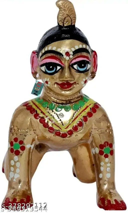 Hand-painted brass Krishna idol set (3 pcs, 312g each), Indian art for Janmashtami