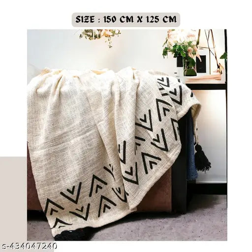 Set of 2 bohemian print cotton throw blankets, off-white color, 60 inches by 50 inches each, tassel trim