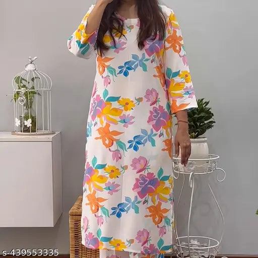 Rayon printed kurta set with palazzos for women, fashionable three-quarter sleeves, Indian origin