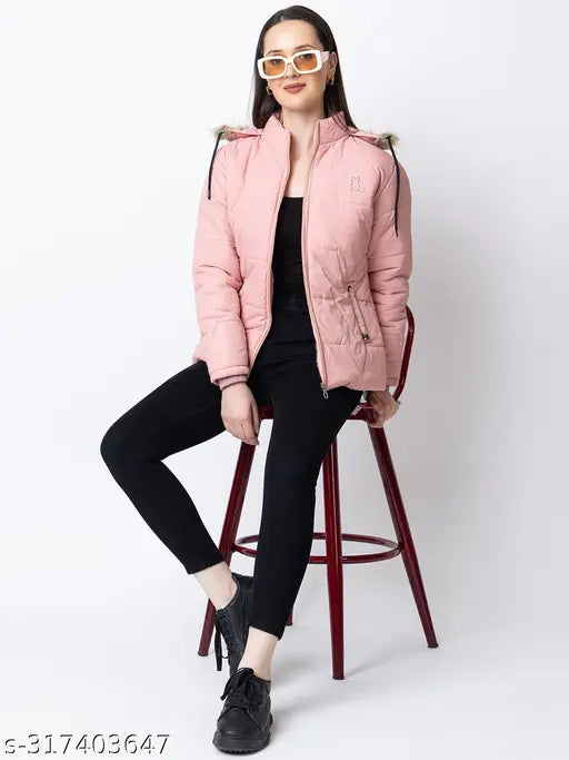 Light Pink Nylon Quilted Jacket for Women - Luxurious Hooded Puffer Style with Fur Trim and Zip Closure