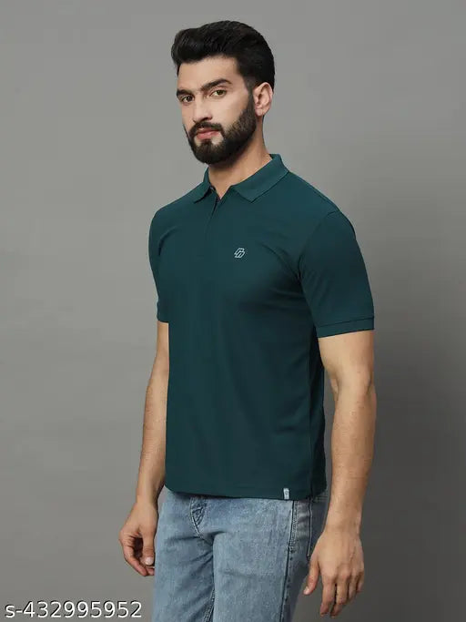 Mens solid cotton blend half sleeve polo neck T-shirt, denim jeans style, XL (44in chest, 29in length). Classic printed net design for timeless fashion
